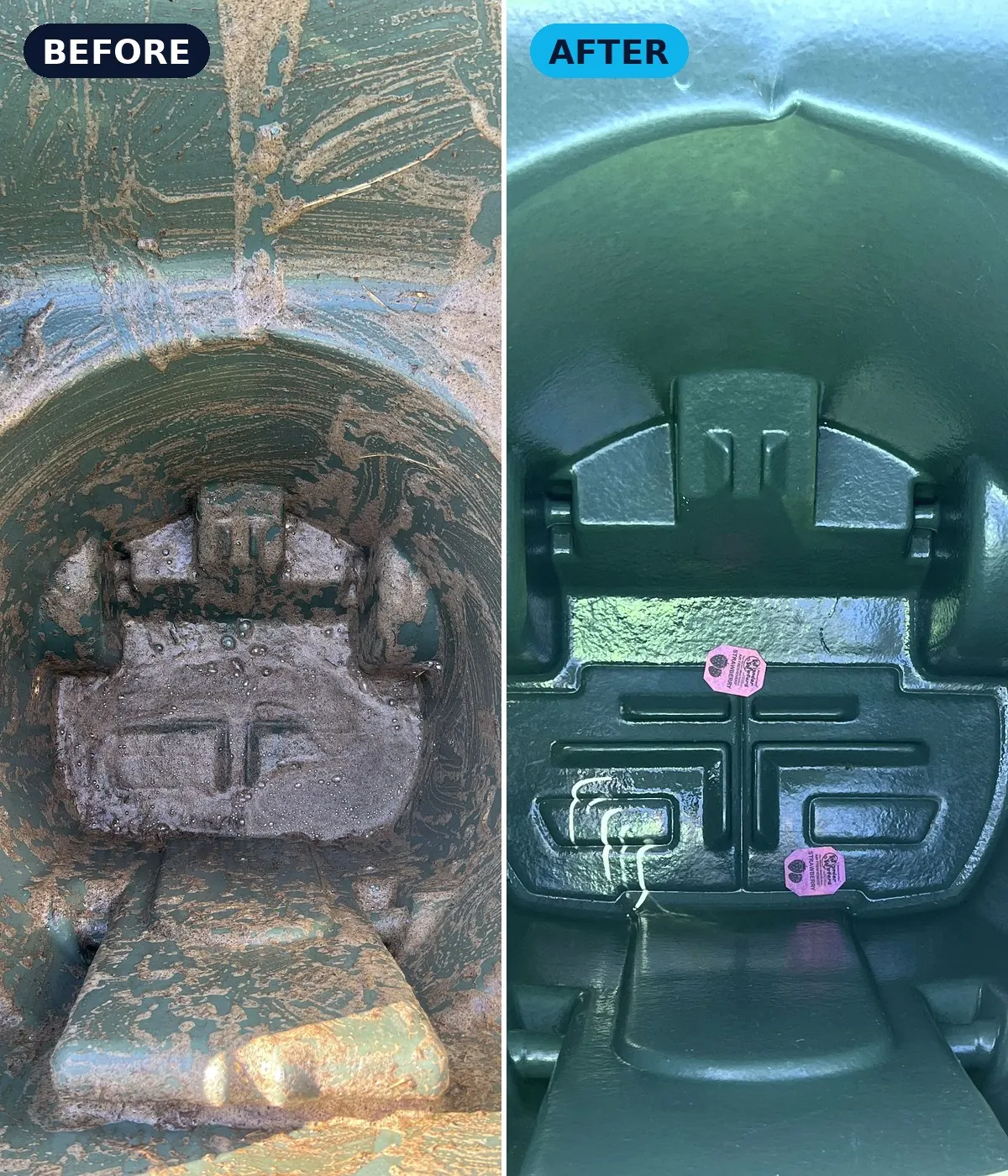Inside of a dirty trash bin before and after a Zafra cleaning