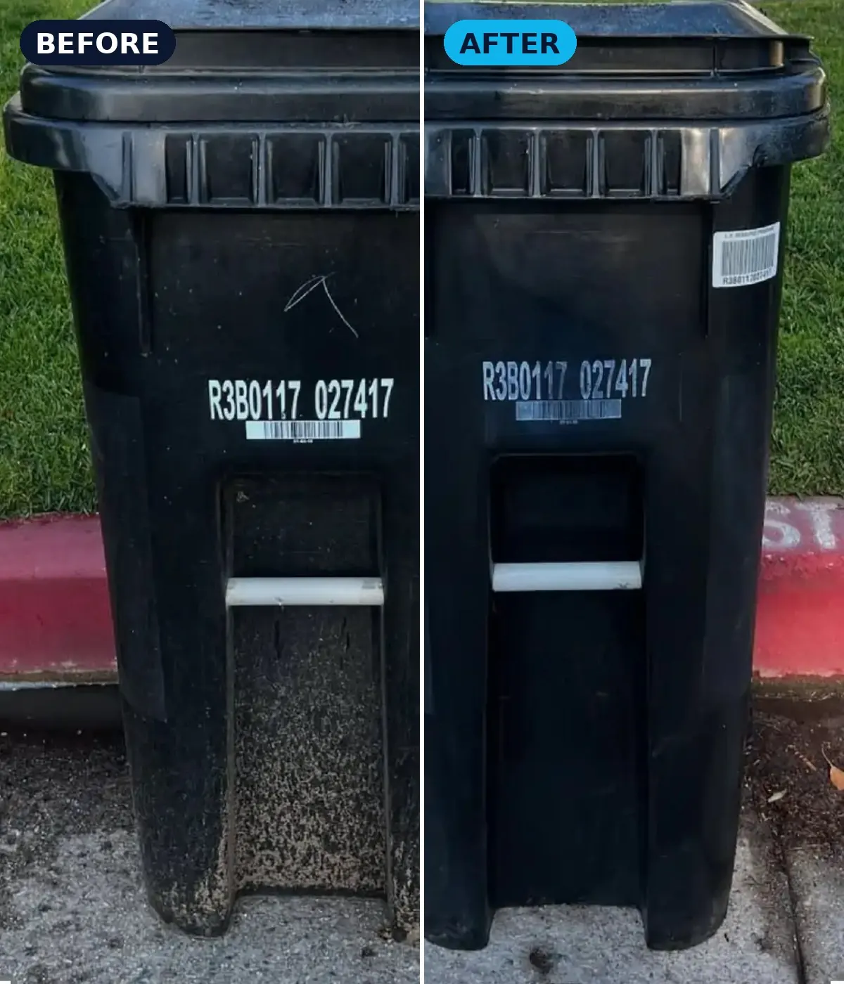 Black trash bin before and after cleaning